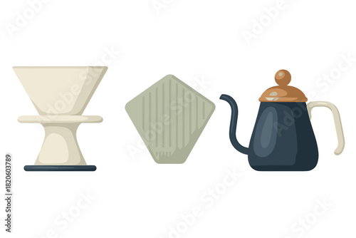 Essential tools for pour-over coffee brewing including ceramic dripper, filter, and gooseneck kettle