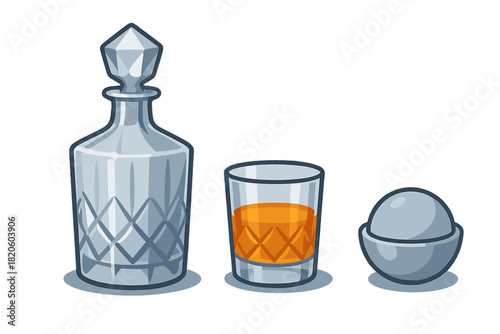 Elegant crystal decanter, short rocks glass with amber whiskey, and a large spherical ice cube