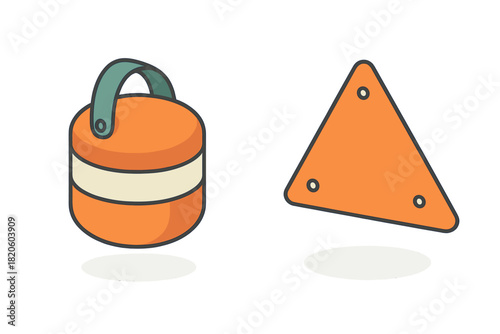 Orange cylindrical buoy and triangular warning sign objects floating over white background