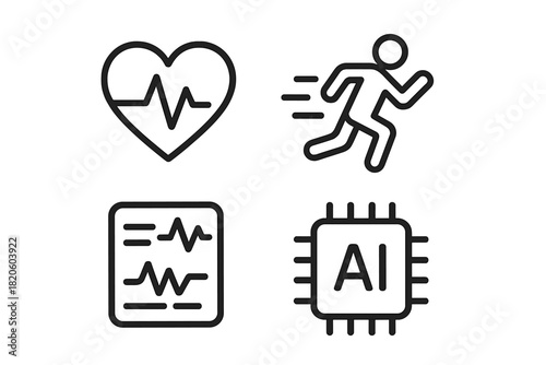 Set of modern technology symbols representing health fitness monitoring and artificial intelligence concepts