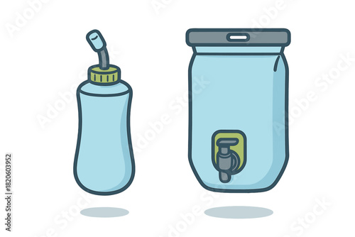 Set of reusable liquid containers including a squeeze bottle and a large water dispenser jar with a tap