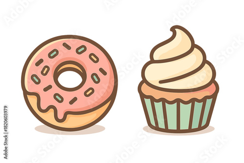 Classic baked goods set featuring a pink glazed donut and a frosted cupcake