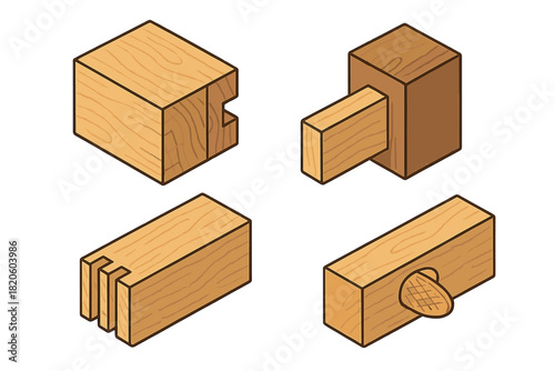 Isometric set of traditional woodworking joints showing different construction methods and connections