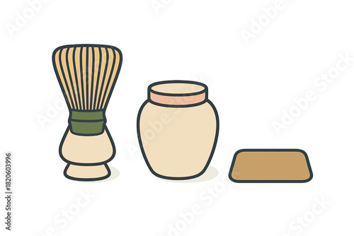 Traditional Japanese matcha tea ceremony utensils set with bamboo whisk and tea caddy