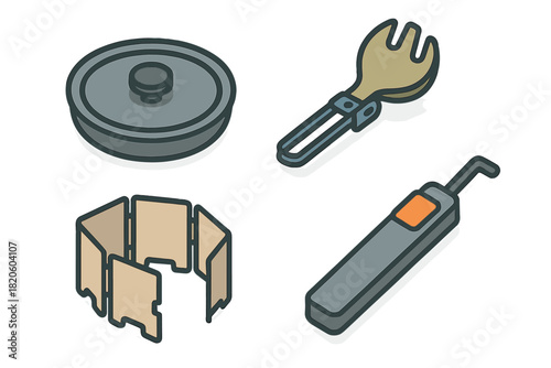 Essential outdoor cooking gear set with pot lid, folding wind screen, spork, and lighter