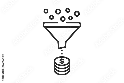 Abstract business process showing inputs filtered through a funnel resulting in financial gain