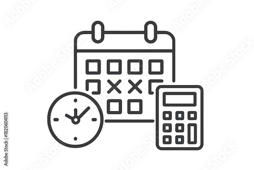 Black and white line art symbols of a calendar, clock, and calculator for financial planning and scheduling