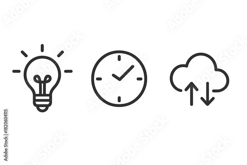 Set of business concept line icons: idea, time management, and data transfer symbols