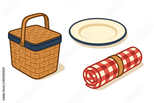 Classic picnic essentials set featuring a woven basket, ceramic plate, and red checkered blanket