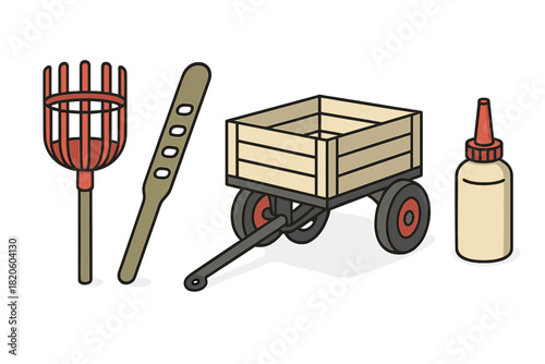 Collection of hobby and garden supplies including wooden cart fruit picker and adhesive