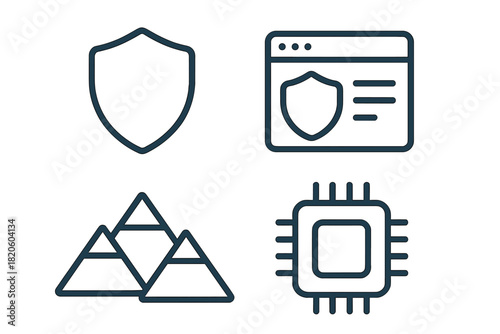 Set of outline icons for digital security, web protection, data structure, and computer hardware
