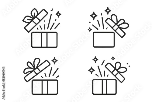 Four variations of an open present box with ribbon and sparkling magic effect