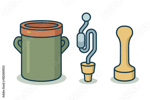 Home brewing equipment set including fermenter, airlock, and paddle tool