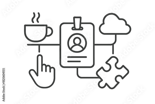 Business process flow chart connecting ID badge, coffee cup, hand cursor, cloud icon, and puzzle piece