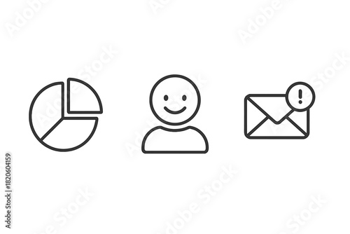 Essential business communication icons: data analysis chart, user profile, email notification alert