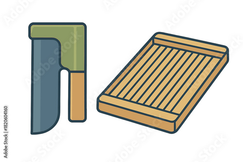 Stylized kitchen cleaver knife and wooden slatted serving tray or cutting board isolated on white background