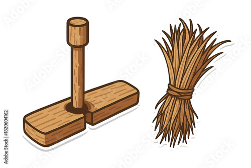 Rustic wooden stake inserted into a base and tied sheaf of dried grain