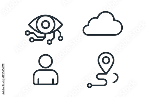 Modern technology symbols for vision, cloud storage, user profile, and GPS location tracking
