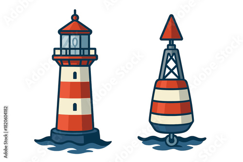 Classic striped lighthouse tower and navigational sea buoy floating on water waves