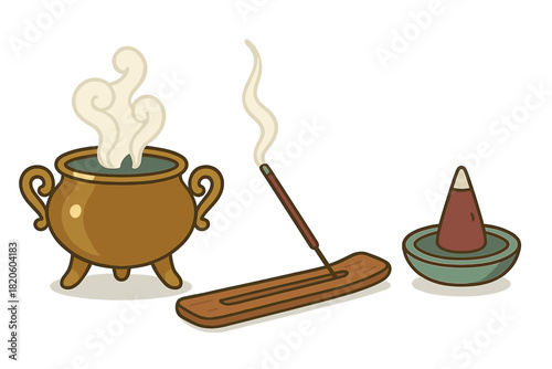 Collection of traditional incense burners and holders with smoke for spiritual rituals and relaxation