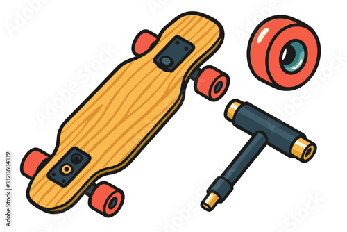 Wooden longboard deck, spare wheel, and T-tool for skateboarding maintenance and repair