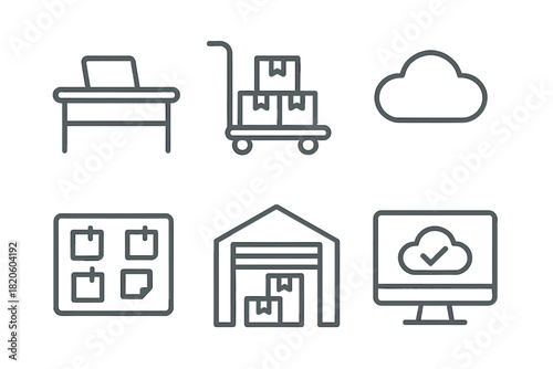 Set of outline icons for logistics, storage, cloud computing, business, and technology interfaces