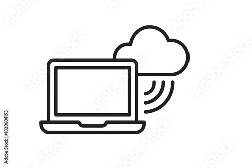 Laptop connected to cloud storage system icon for data transfer and networking