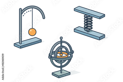 Isometric physics experiments set with pendulum, spring, and gyroscope apparatus