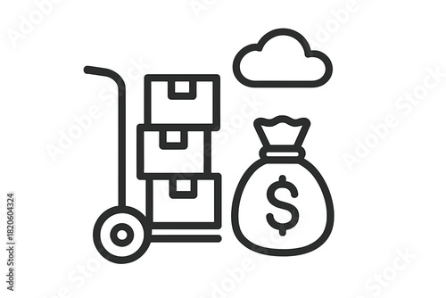E-commerce logistics, financial transaction, delivery boxes, money bag, and cloud storage icon