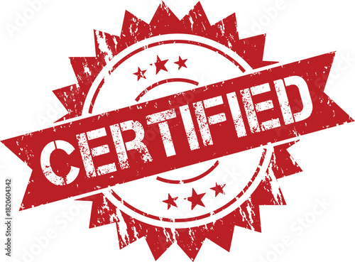 Red grunge certified stamp with stars and ribbon.