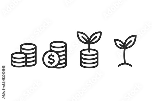 Outline icons set for finance, banking, and investment showing money, savings, and growth