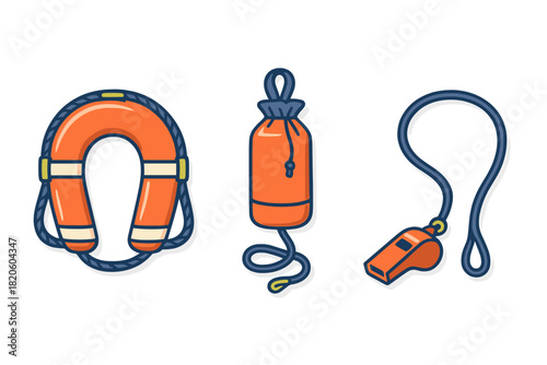 Lifebuoy, rescue throw bag, and whistle set for aquatic safety and emergencies