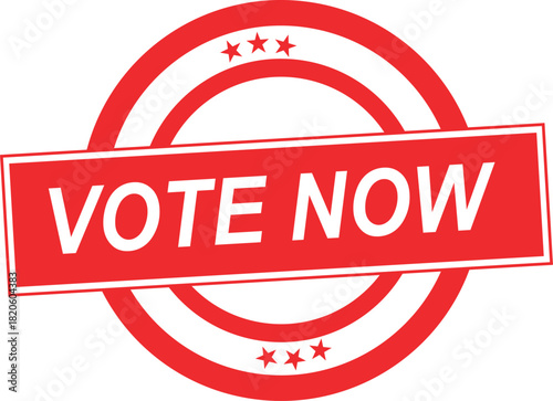 A red circular rubber stamp graphic with the words 'Vote Now' in white text, urging people to participate in an election.