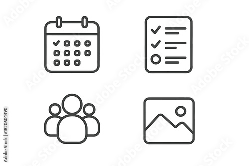 Essential business communication icons including calendar, checklist, group, and image gallery