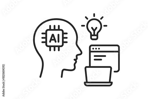Human head profile with processor symbolizing data processing, machine learning, and innovative ideas
