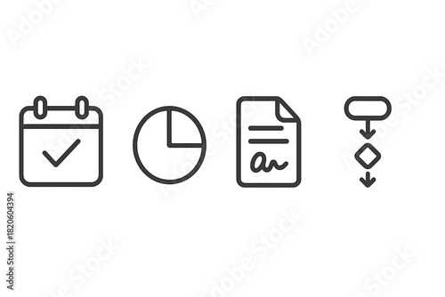 Essential business management symbols for scheduling, data analysis, contract signing, and workflow process