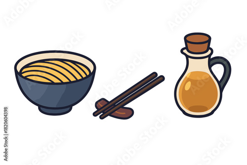 Bowl of noodles with chopsticks and cooking oil bottle, Asian cuisine elements