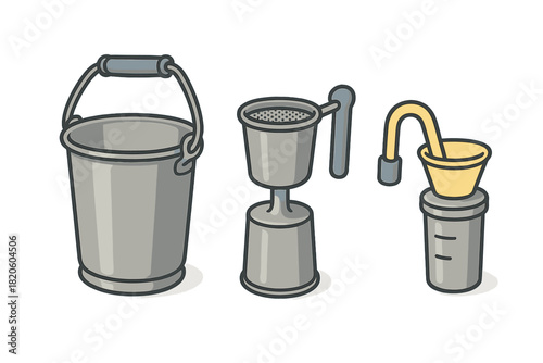 Laboratory chemical tools setup featuring a bucket, filter, and funnel apparatus