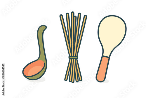 Minimalist kitchen utensils including ladle spoon and tied bundle of dry spaghetti pasta