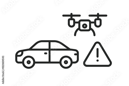 Surveillance technology featuring an aerial drone monitoring a passenger car and danger warning symbol