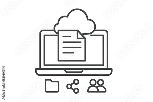 Digital cloud storage interface displayed on a laptop screen with folder and user icons