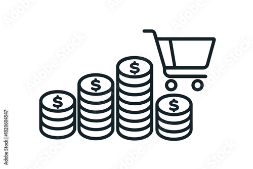 Financial growth concept with stacked dollar coins and a shopping cart icon