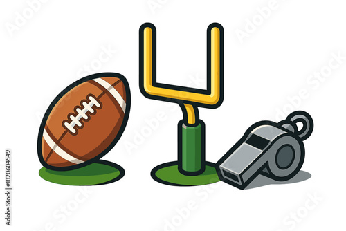 American football equipment set with brown ball, yellow goal post, and silver whistle