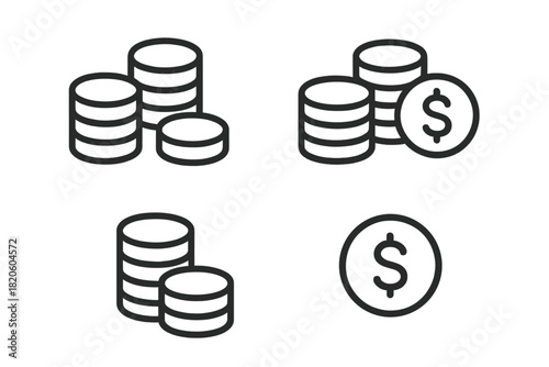 Financial outline symbols featuring stacks of coins and dollar currency signs