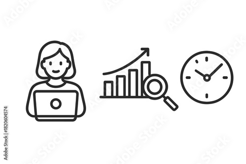 Productivity symbols showing person working, data analysis, and time management