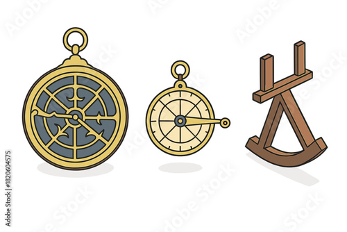 Historical astronomical and nautical tools set featuring astrolabe, sundial, and cross staff