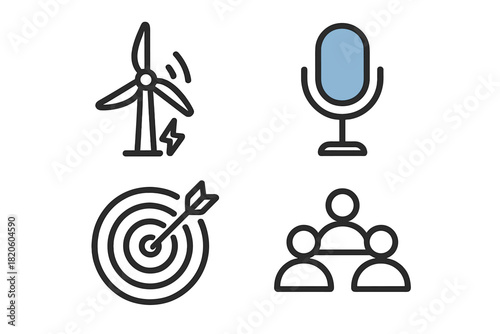 Business concepts set with renewable energy, audio recording, target achievement, and team structure symbols