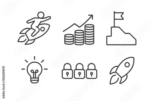 Set of outline symbols for business success, startup development, growth, and security