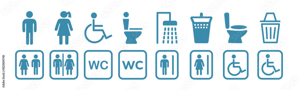 Obraz premium Washroom signs. WC icon set. Toilet, restroom, man and woman, bathroom, disabled, dumpster, toilet paper, infant -stock vector.