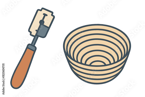 Bread lame razor cutter and round banneton proofing basket for artisan baking preparation